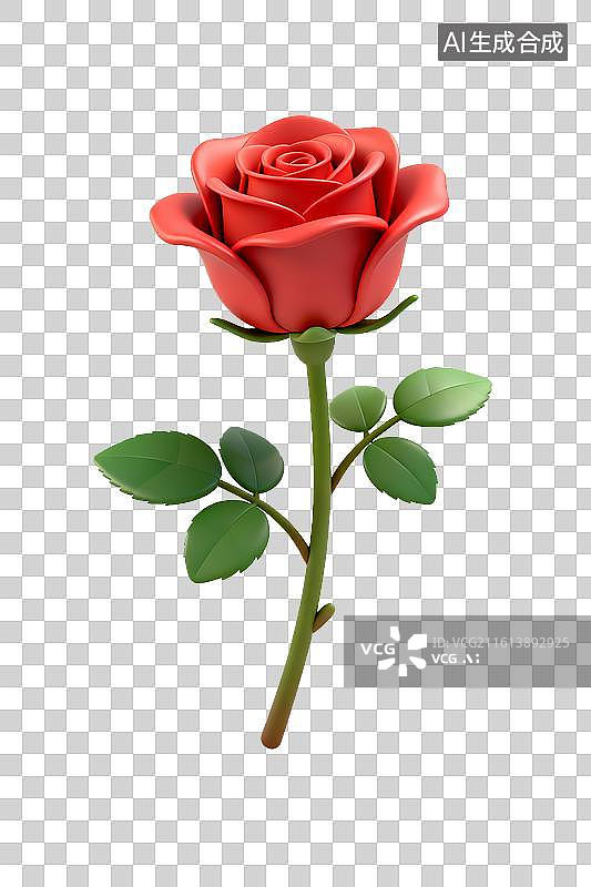 【AI数字艺术】3D红色玫瑰花带绿叶和茎图片素材