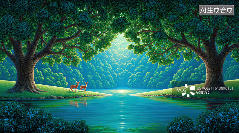 【AI数字艺术】宁静的森林草地与鹿图片素材