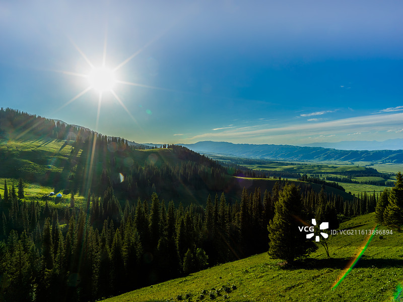 新疆维吾尔自治区伊犁哈萨克自治州新源县那拉提镇的那拉提草原。画面中，广阔无垠的绿色草原如绿毯般铺展，图片素材