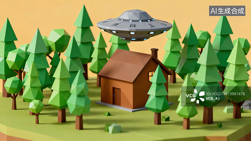 【AI数字艺术】低多边形风格森林小屋与 UFO 奇幻场景图图片素材