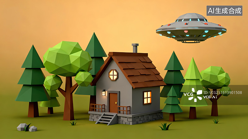 【AI数字艺术】低多边形风格森林小屋与 UFO 奇幻场景图图片素材