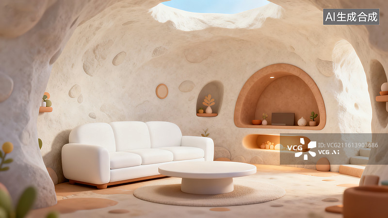 【AI数字艺术】洞穴风极简室内空间 3D 渲染图图片素材