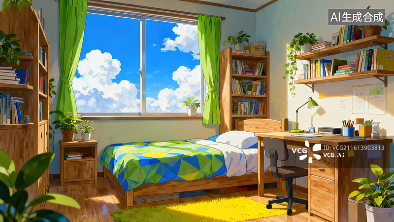 【AI数字艺术】温馨绿植卧室空间数字插画图图片素材