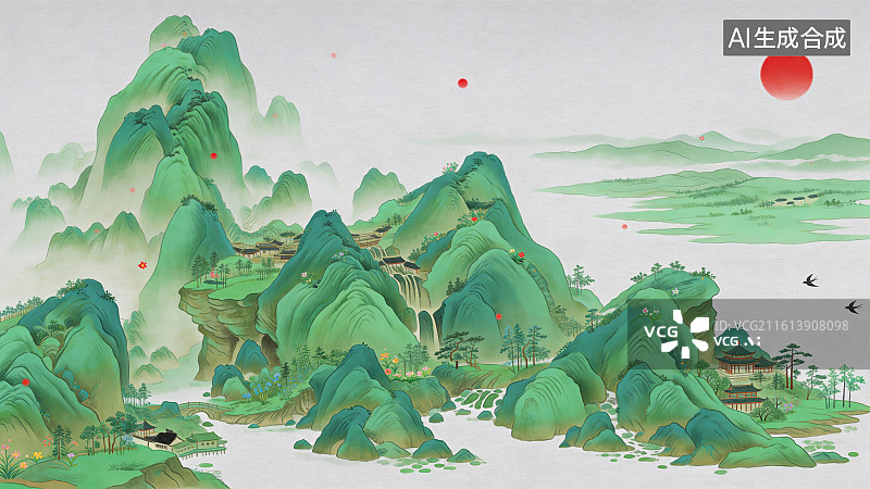 【AI数字艺术】落日，山水，中国风，千里江山图，插画图片素材