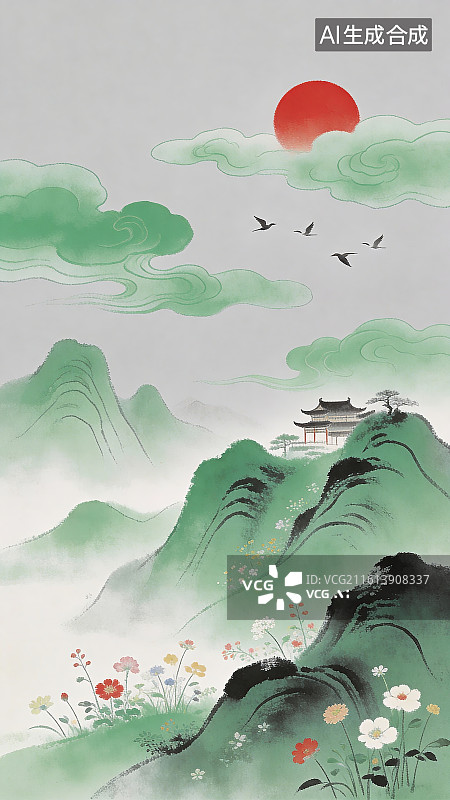 【AI数字艺术】落日，山水，中国风，千里江山图，插画图片素材