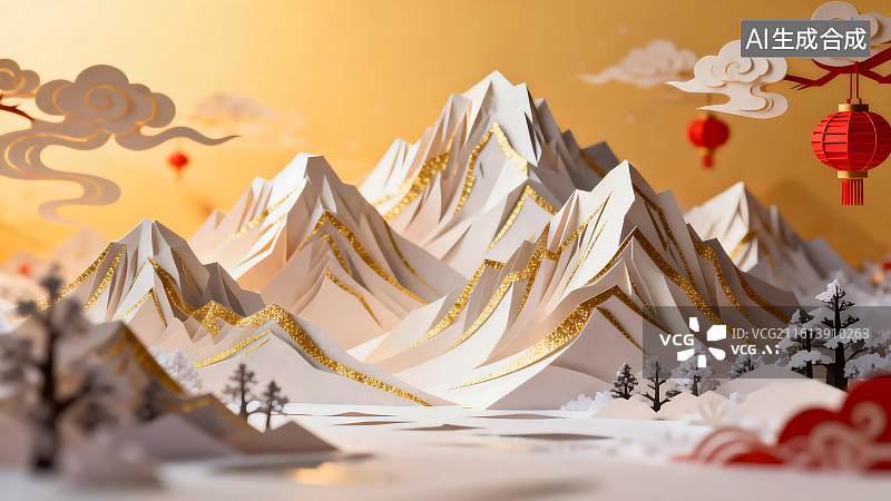 【AI数字艺术】冬季节日雪山间灯笼点亮温暖氛围图片素材