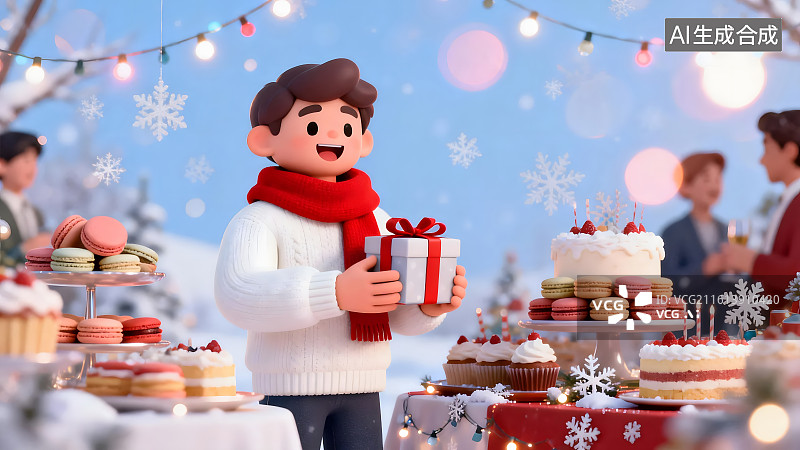 【AI数字艺术】冬季派对中角色手持礼物共享欢乐时光图片素材