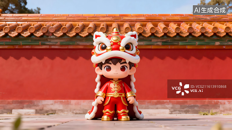 【AI数字艺术】节日红墙醒狮少年喜庆场景图片素材