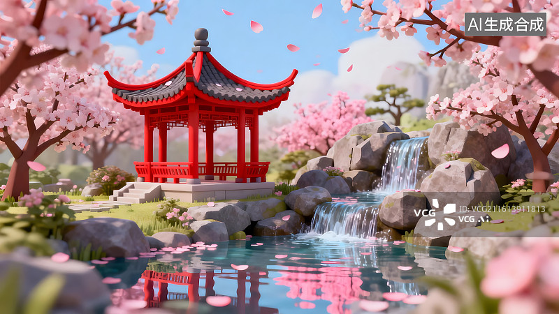 【AI数字艺术】中式园林春意盎然微缩景观插画图片素材