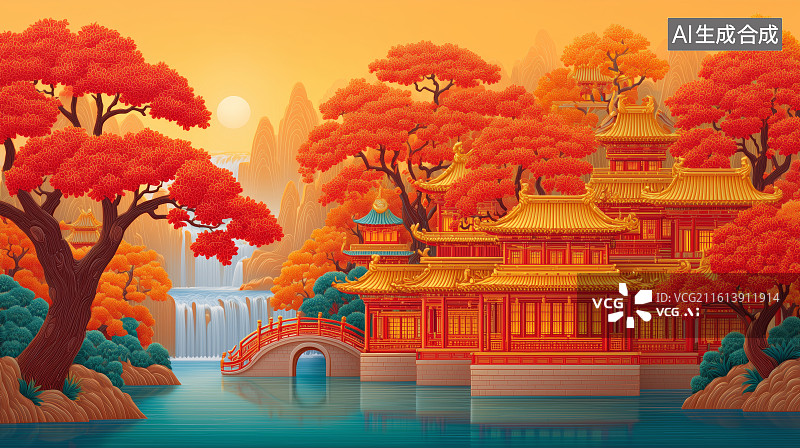 【AI数字艺术】秋日古建筑与红叶湖景图片素材