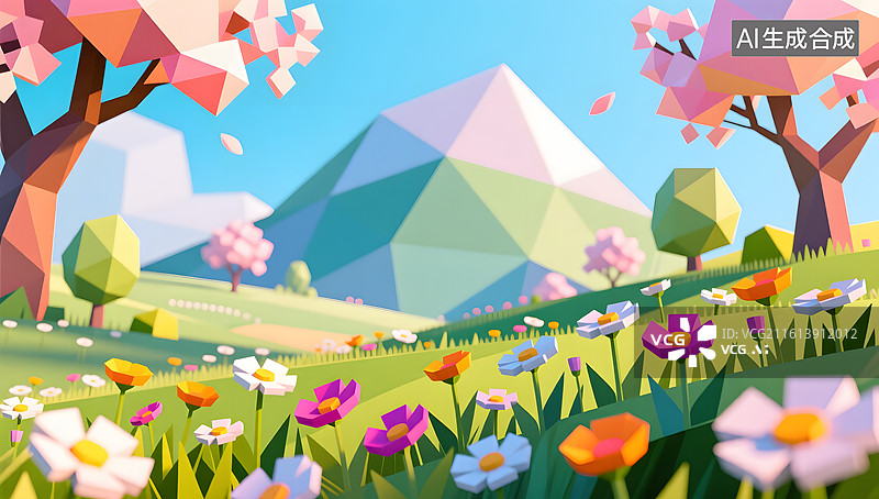 【AI数字艺术】春日风景里充满科技感的几何野花图片素材