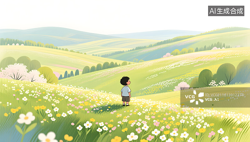 【AI数字艺术】立春原野上渺小的孩童身影在远眺春花图片素材