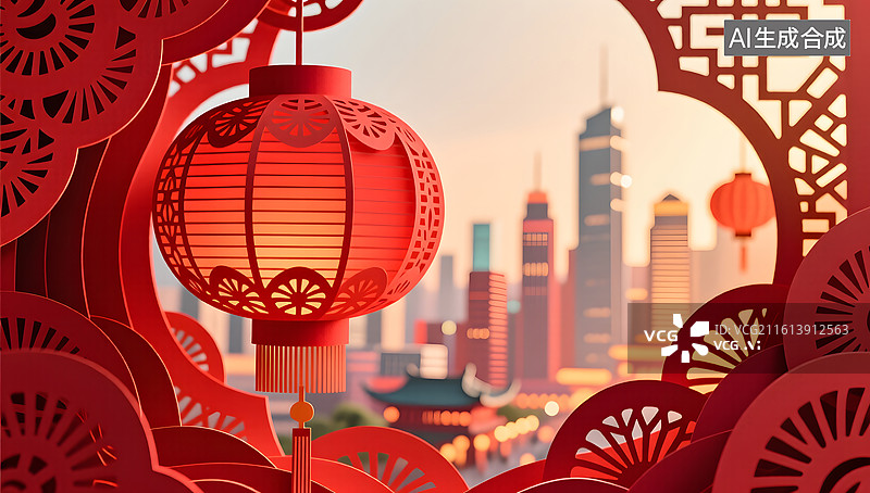 【AI数字艺术】节日贺卡中红色剪纸灯笼展现传统美学图片素材