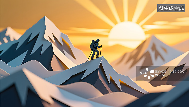 【AI数字艺术】梦幻剪纸艺术呈现雪山日出攀登者图片素材