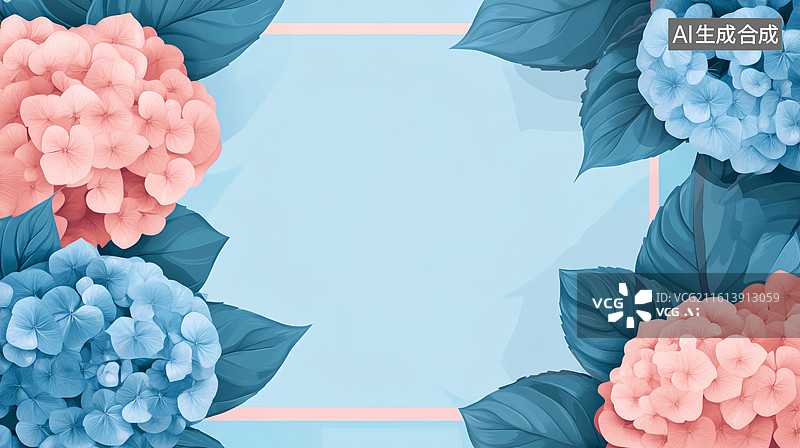 【AI数字艺术】粉色绣球花鲜花环绕边框节日装饰商务模板蓝色背景图片素材
