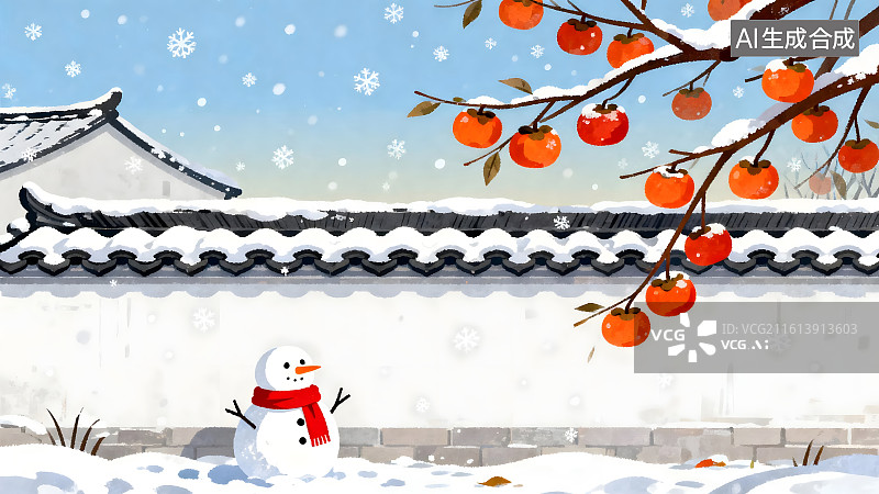 【AI数字艺术】冬日庭院雪中柿树与可爱雪人相映成趣图片素材