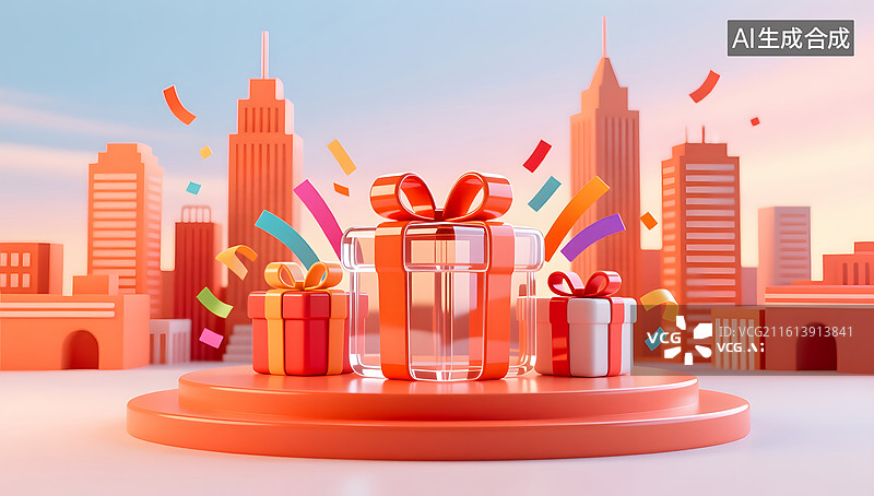 【AI数字艺术】橙红俏皮风格的节日礼物展示舞台背景图片素材