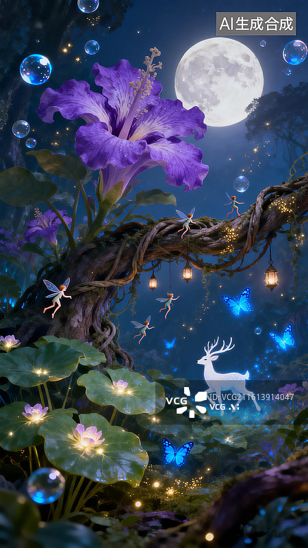 【AI数字艺术】巨大的花朵，梦幻丛林，茂密植物，紫荆花，各种奇异花朵，大叶植物，发光的叶子，发光的花朵，小精灵，古藤图片素材