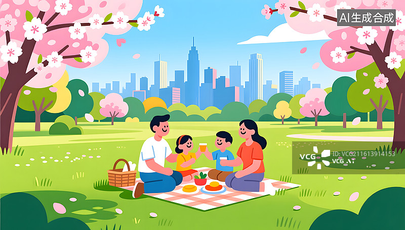 【AI数字艺术】春日暖阳下一家人在城市公园野餐图片素材