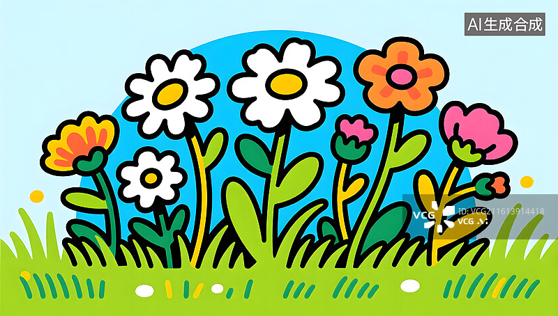 【AI数字艺术】活力四射的波普艺术风格描边野花图片素材