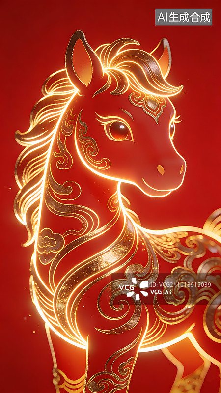 【AI数字艺术】中国风插画，马年春节，Q版小马，荧光金色线条沿轮廓游走图片素材