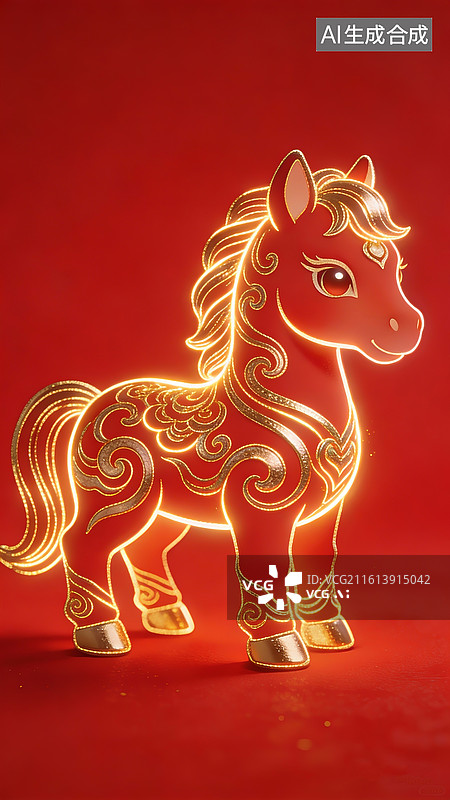 【AI数字艺术】中国风插画，马年春节，Q版小马，荧光金色线条沿轮廓游走图片素材