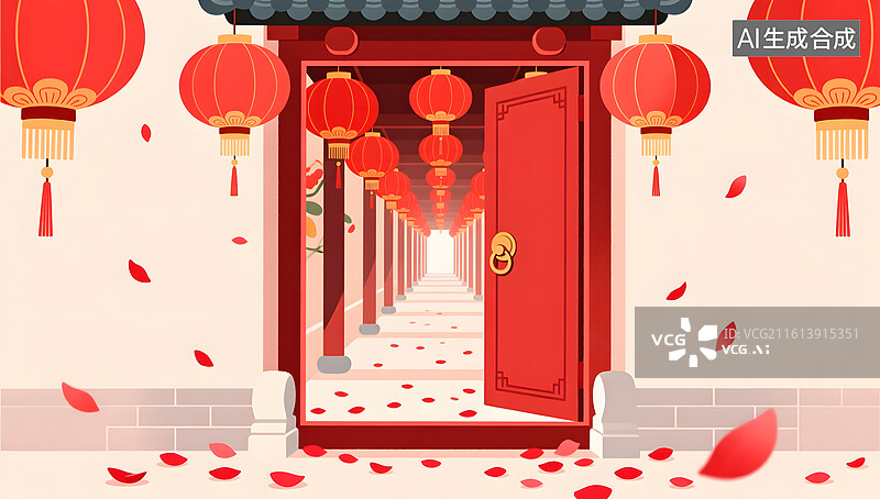 【AI数字艺术】新年红色大门后是挂满灯笼的长廊图片素材