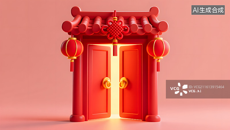 【AI数字艺术】新年红色大门开启门檐挂着中国结图片素材