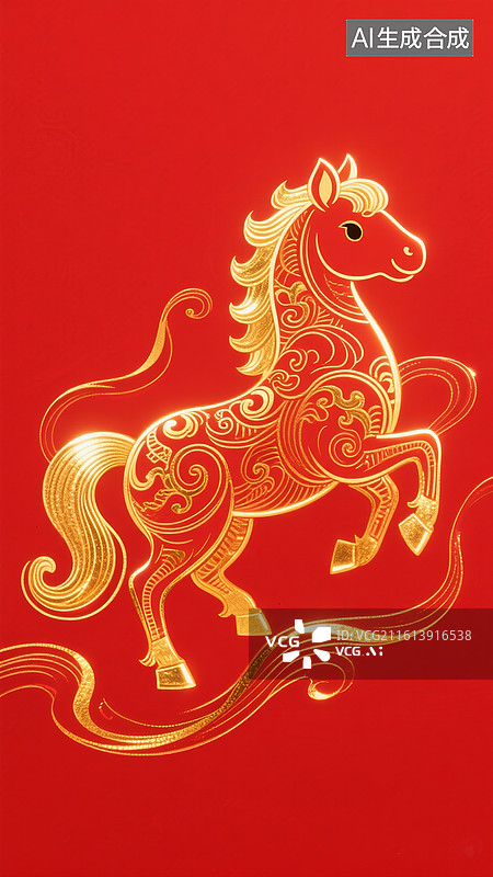 【AI数字艺术】中国风插画，马年春节，Q版小马，荧光金色线条沿轮廓游走图片素材