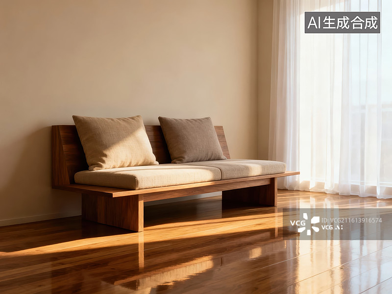 【AI数字艺术】木质长椅与阳光室内场景图片素材