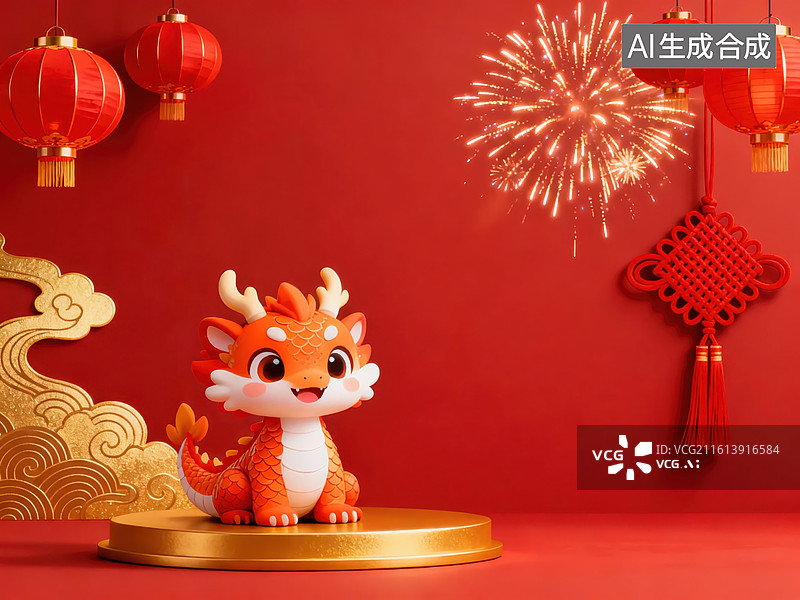 【AI数字艺术】红色背景上的卡通龙与春节装饰图片素材