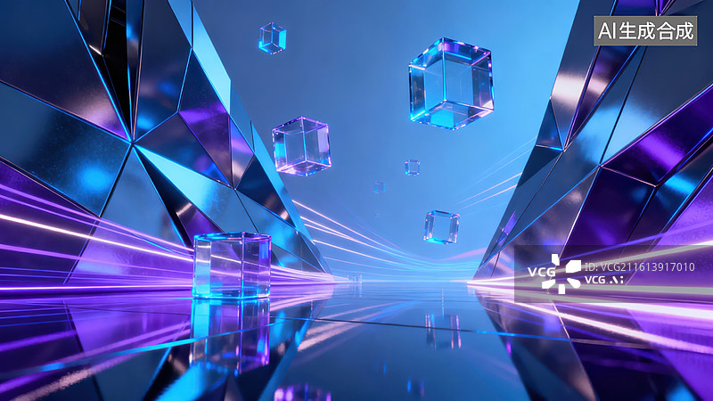 【AI数字艺术】蓝色几何晶体空间图片素材