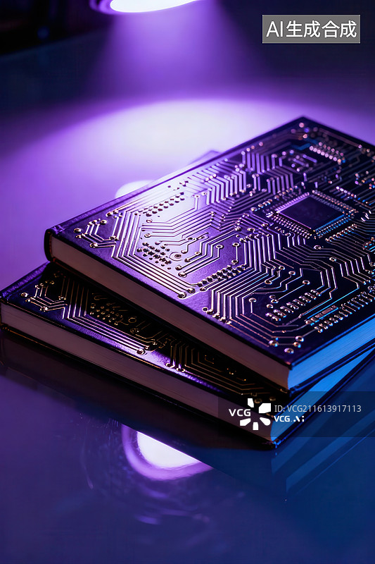 【AI数字艺术】电路板叠放于紫色光下图片素材