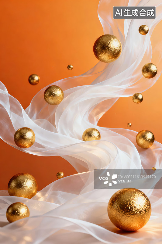 【AI数字艺术】金色球体与飘动白纱图片素材