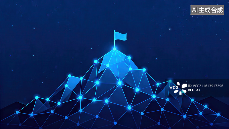 【AI数字艺术】蓝色网络山峰与旗帜图片素材