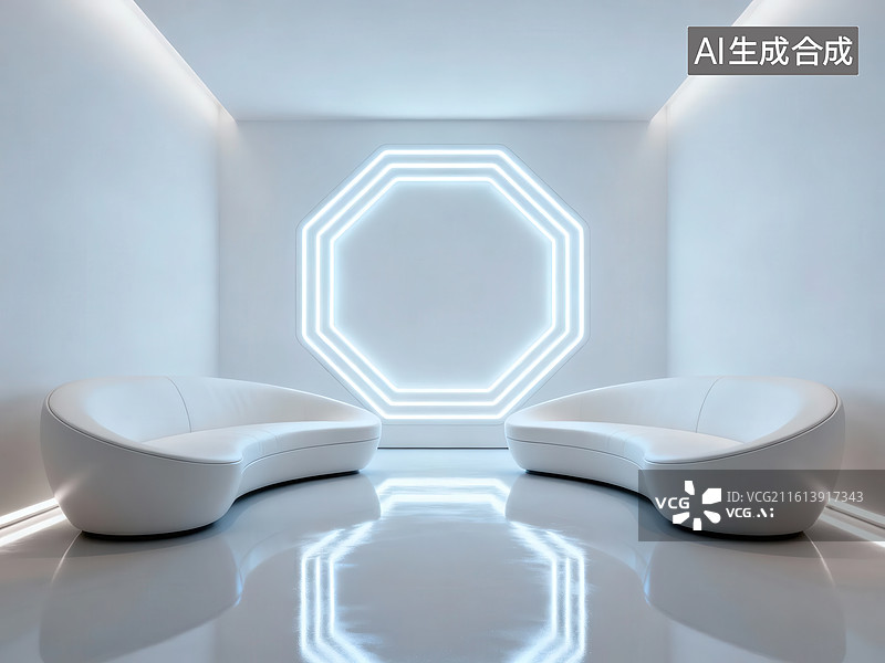【AI数字艺术】未来感白色空间与发光八边形图片素材