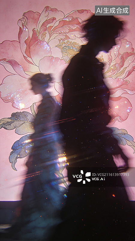 【AI数字艺术】花卉背景插画，虚实结合的油画，模糊颗粒肌理，，夸张扭曲的人物轮廓剪影图片素材