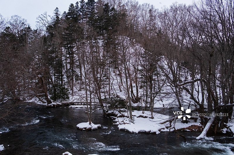 冬天日本北海道道东钏路市阿寒湖，雪景中的阿寒川日式豪华温泉旅馆酒店，暴雪中的雪地湖泊森林图片素材