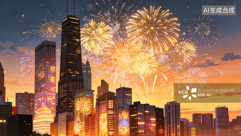 【AI数字艺术】城市夜空绽放烟花图片素材