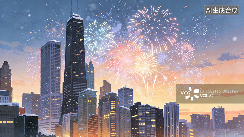 【AI数字艺术】城市夜空绽放烟花图片素材