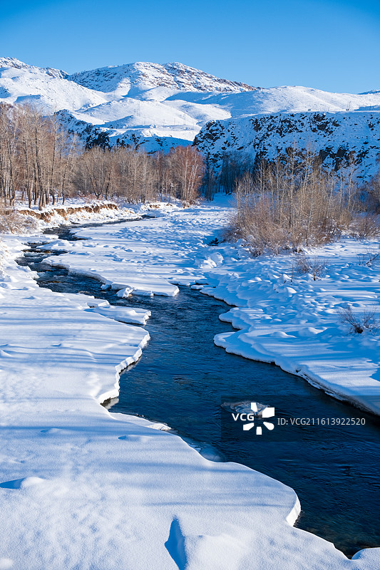 冬天新疆阿勒泰雪山雪原冰雪丛林不冻河流图片素材