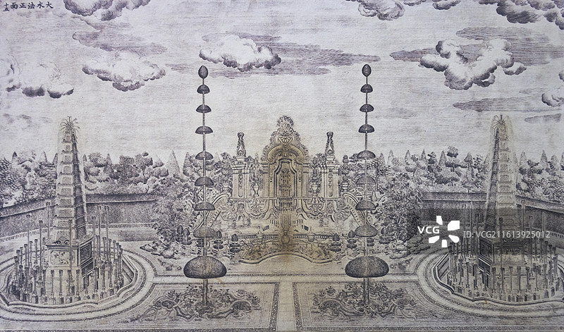 圆明园展览馆大水法正面铜版画图片素材