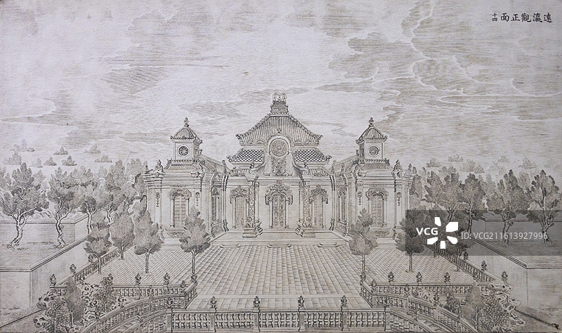 圆明园展览馆远瀛观正面铜版画图片素材