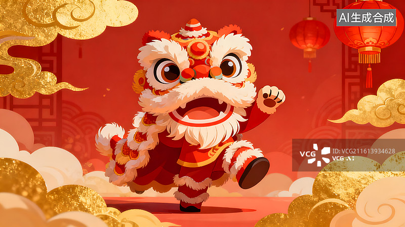 【AI数字艺术】喜庆卡通版新年舞狮图片素材