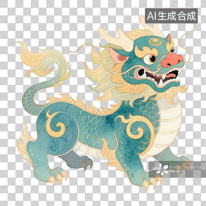 【AI数字艺术】绿色国潮风传统神兽插画图片素材