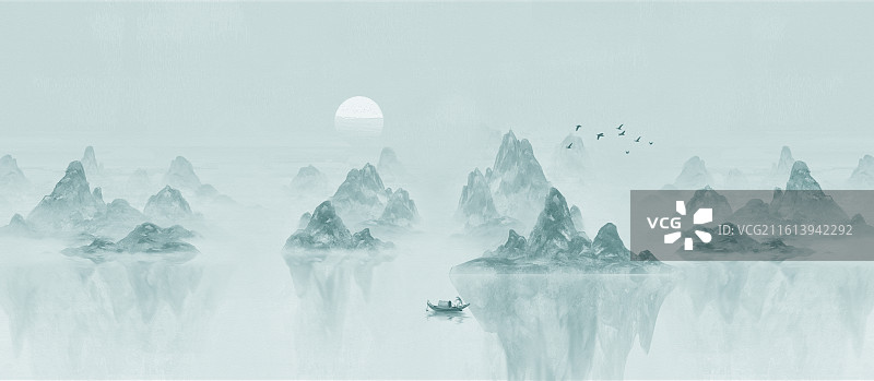 手绘千里江山图意境山水插画背景图片素材