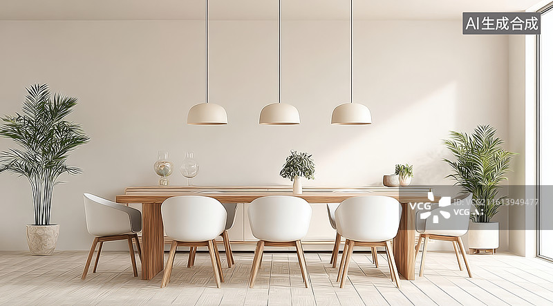 【AI数字艺术】现代简约风格餐厅室内设计摆放着木质餐桌和白色椅子图片素材