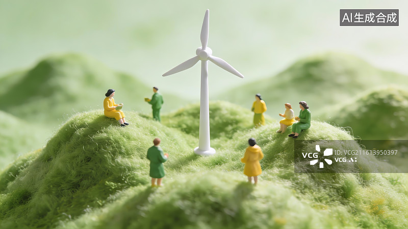 【AI数字艺术】微型人物在风力发电机旁的绿色山丘上图片素材