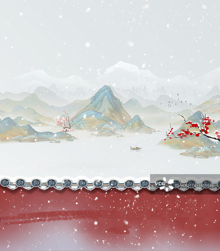 手绘冬天红墙雪景插画红色庆祝背景图片素材