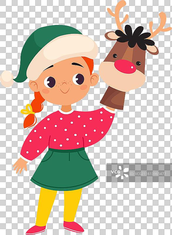 戴帽子的女孩角色抱着驯鹿玩偶庆祝图片素材